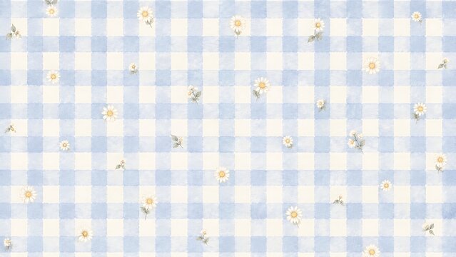 Seamless pattern with watercolor daisies on a light blue and white gingham checkered background