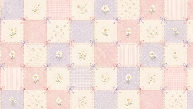 Seamless pattern with patchwork squares featuring daisies, gingham, stripes, and polka dots in soft pastel pink and purple colors