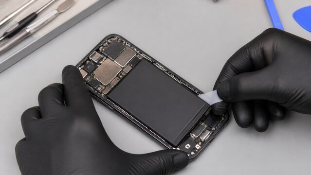 Phone technician lifts a plain battery from an opened unbranded smartphone using a nonmetal pull tab