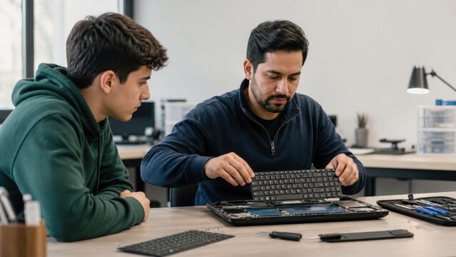 Student watches a campus repair technician install a replacement keyboard module into a generic laptop
