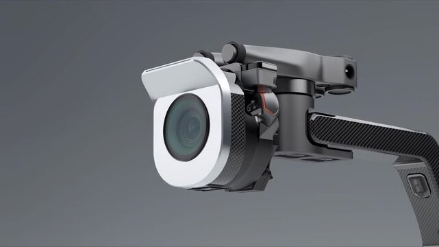 Compact camera mounted on handheld stabilizer slowly rotates against neutral gray background, revealing lens housing, articulated motor arms, textured grip, and metallic mechanical details