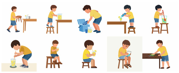 Fototapeta premium Little Boy Making Fresh Lemonade Step by Step Illustration Set