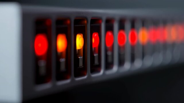 Server equipment status lights shift from green through amber to red across a horizontal control panel, with shallow focus emphasizing changing illuminated indicators in dark surroundings