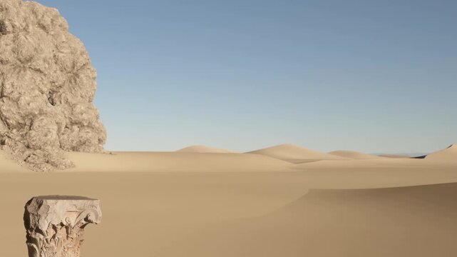 A tall ancient column stands on the sand of a vast desert. Smooth hills of sand rise and fall in the background. The sky is blue with no clouds visible.