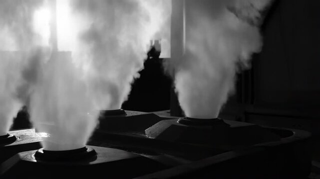 Thick steam rises continuously from several round vents set into dark metal housings, forming shifting white plumes across a high contrast monochrome industrial interior