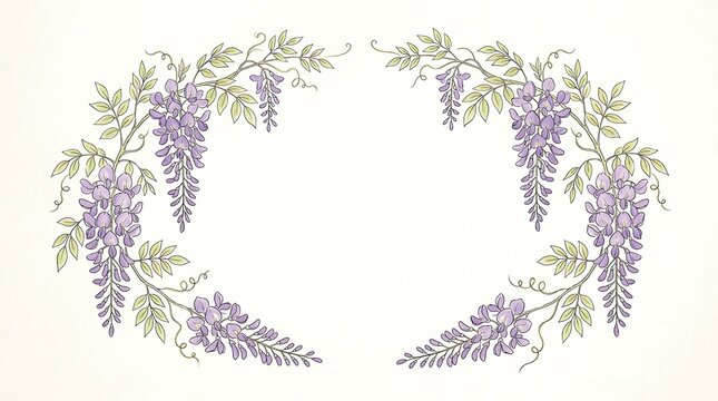 Beautiful decorative wisteria flower frame illustration with elegant hand drawn botanical vines and hanging blossoms