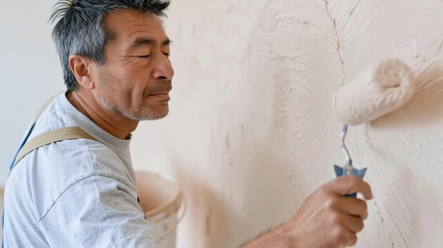 Man paints wall with roller, focused and determined. He wears work clothes, tools nearby. Sunny room, light, fresh paint job. Perfect for home improvement or DIY projects