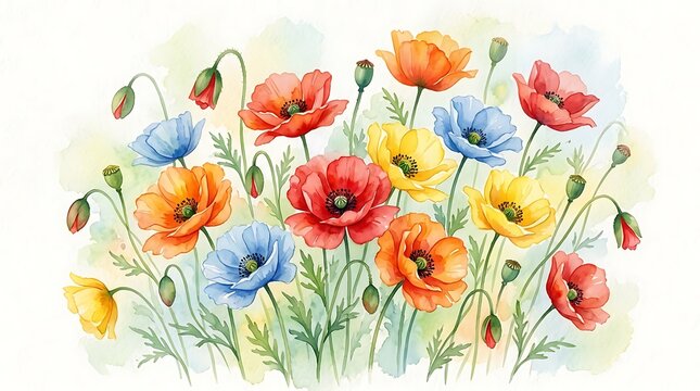 Colorful hand painted watercolor poppies flowers bouquet with red orange yellow and blue petals in artistic style