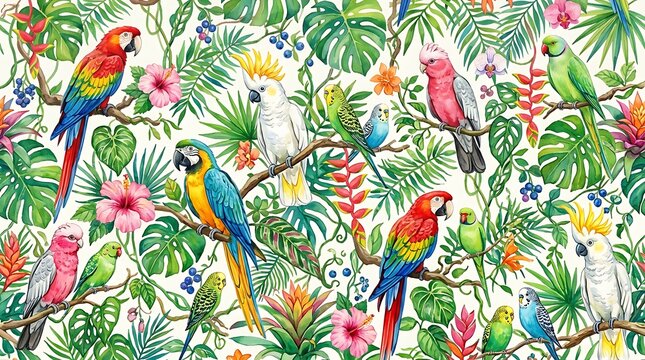 Colorful tropical birds with exotic flowers and green leaves in a seamless jungle pattern for summer textile design