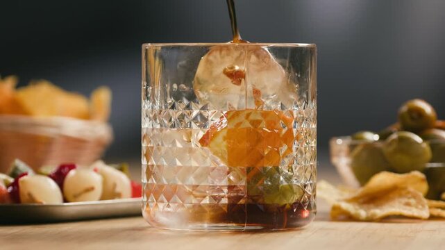 Vermouth, Spanish red, served close-up in a glass with traditional gilda tapas skewer of olives and anchovy on a wooden bar table in a cozy restaurant.