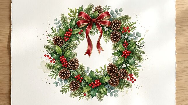 Beautiful Christmas wreath with green pine branches red berries pinecones and a festive ribbon bow for holiday decor