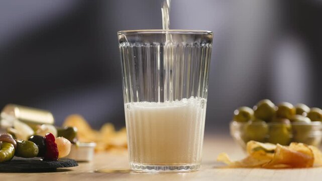 Fresh Spanish small beer served in a small glass with creamy foam at a traditional bar. Classic draft lager, authentic pub atmosphere, close-up food and drink