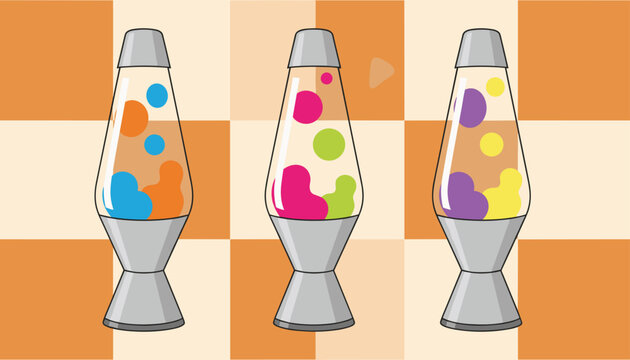 Three retro lava lamps in vibrant color combinations standing in a row against an orange checkered background.