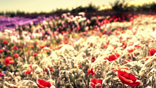 A vibrant field of flowers stretches out under a bright sun. Different colors mix together, showing red and purple blooms among green leaves. The scene captures the beauty of nature in spring.