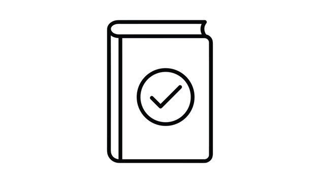 Book with a check mark icon on the front cover in minimalist black and white line art on white background.