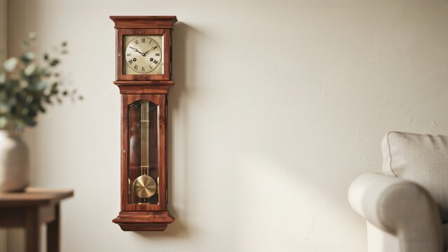 Vintage wooden grandfather clock on wall, antique pendulum wall clock in bright living room, classic home decor timepiece