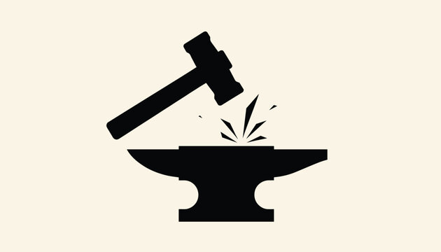 Black silhouette illustration of a sledgehammer hitting an anvil with sparks flying on light background.