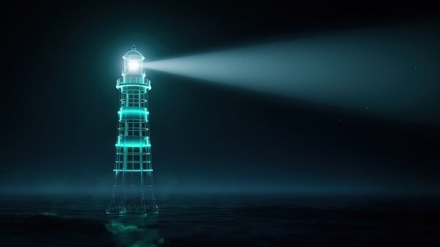 Luminous lighthouse at night with bright searchlight beam, glowing coastal beacon tower, maritime navigation light in darkness