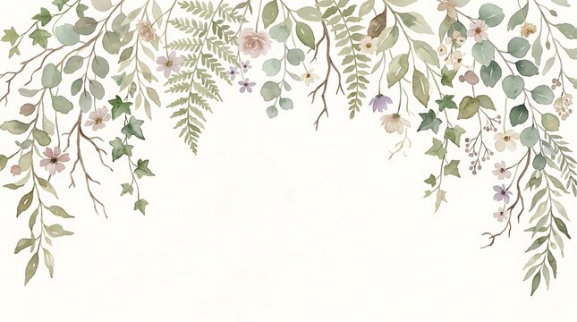 Decorative hanging border made of watercolor leaves and branches in soft gray and green colors for wedding design