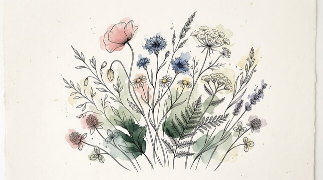 Beautiful wild flower bouquet drawing with black ink lines and soft pink watercolor accent for artistic design