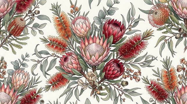 Seamless pattern with beautiful pink and red protea flowers and green eucalyptus leaves in vintage botanical style