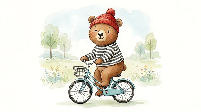 Cute brown bear wearing a red hat and striped shirt riding a bicycle in a park during a sunny day