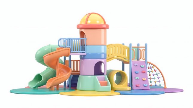 Vibrant colorful plastic playground structure with multiple slides and climbing walls features smooth textures isolated on a clean white background