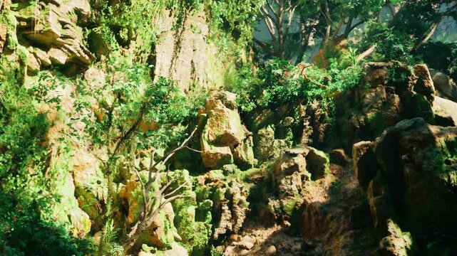 Vibrant green plants and trees growing among rocky terrain. Sunlight filters through the leaves, creating interesting shadows on the ground.