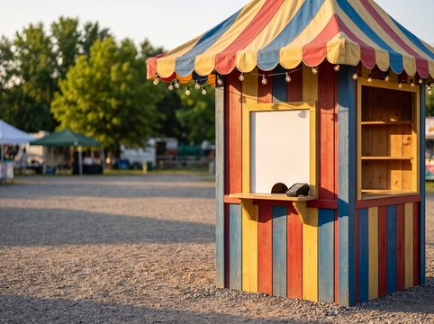Colorful vintage ticket booth with payment terminal at outdoor carnival grounds