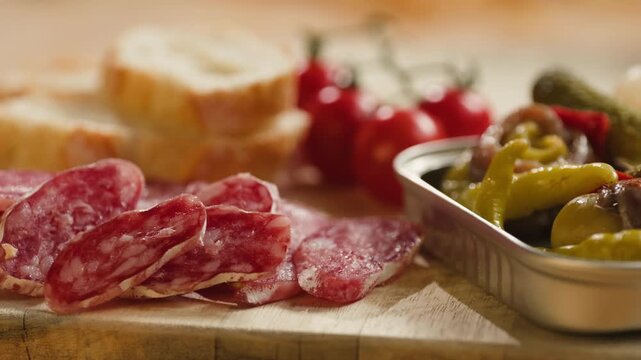 Mix of spanish pork sausages, Cutting board of appetizing catalonian snack - fuet, jamon, chorizo, olives, supermarket tapas food in spain, traditional cuisine. 