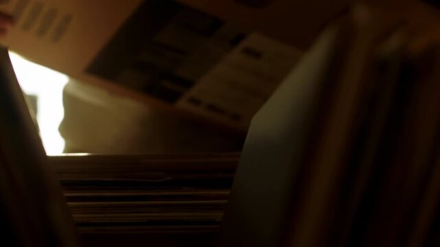 Hand browses through a tightly packed collection of vinyl records, sliding sleeves forward in warm backlight before lifting one record sleeve from the row for a closer look