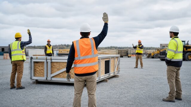 Trainees practice standardized hand signals around a grounded lightweight module mockup with no live lift