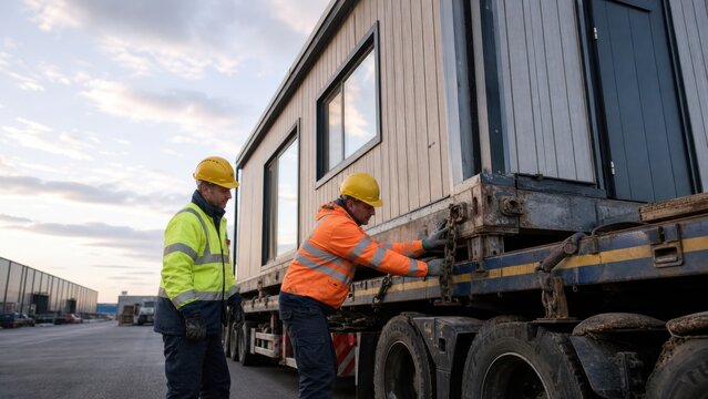Driver and logistics worker check reusable corner locks on a housing module secured to a low trailer