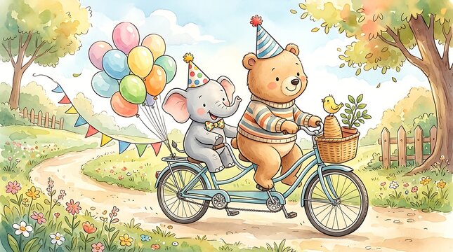 Cute bear and elephant riding a bicycle together with colorful balloons in a beautiful sunny green summer park