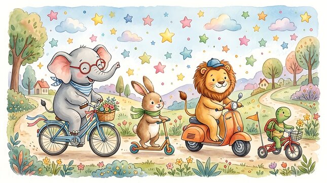 Cute cartoon elephant rabbit lion and turtle riding bicycle scooter and motorcycle in a colorful sunny forest park