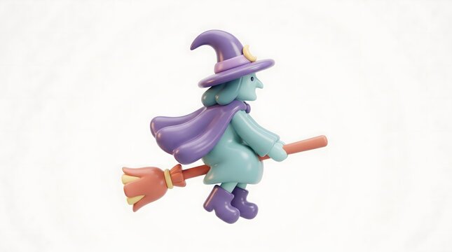 Cute little cartoon witch flying on her magic broomstick wearing a purple hat and cape in soft 3d rendering style