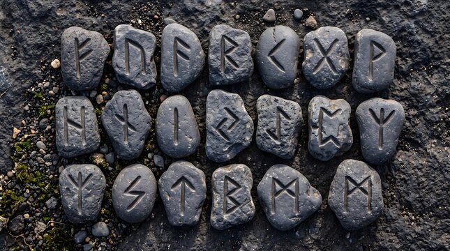 Ancient grey stone runes featuring intricate carvings arranged in a neat grid pattern under soft natural light for magical divination