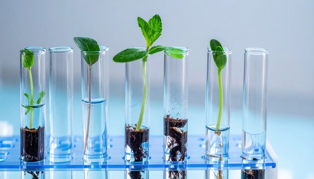 Test tubes with plants in laboratory rack, biochemistry research concept