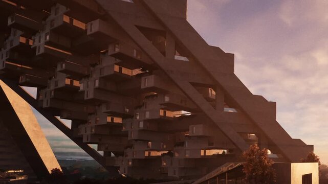 A large building showcases a unique geometric design during sunset. The sun casts shadows on concrete surfaces. The setting offers a view of the landscape beyond.