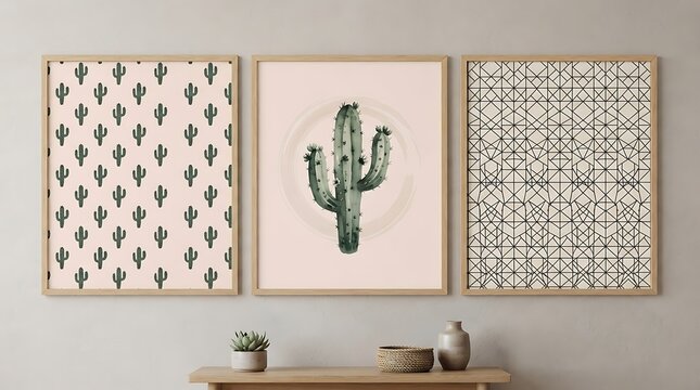 Three framed wall art prints featuring cactus illustrations and geometric patterns displayed on a modern living room wall