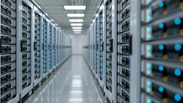 Rows of servers glow with cool blue lights. Metal racks line a clean, silent data center. The perspective draws eyes down a long, empty corridor. No people, only machines humming softly