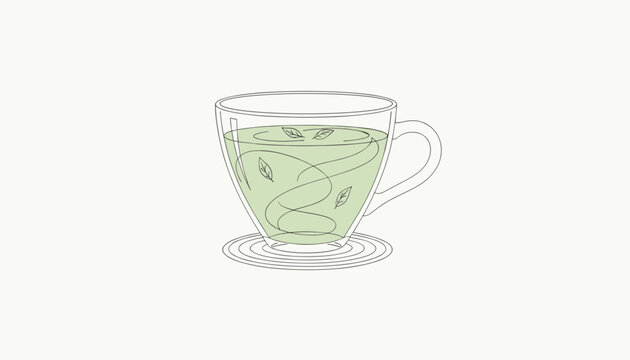 Glass cup of hot herbal green tea with floating leaves drawn in thin dotted lines on a light beige background.