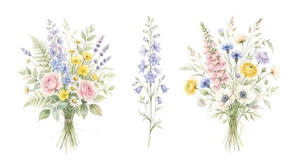Fototapeta premium Set of delicate watercolor floral bouquets and a single lavender stem isolated on a white background