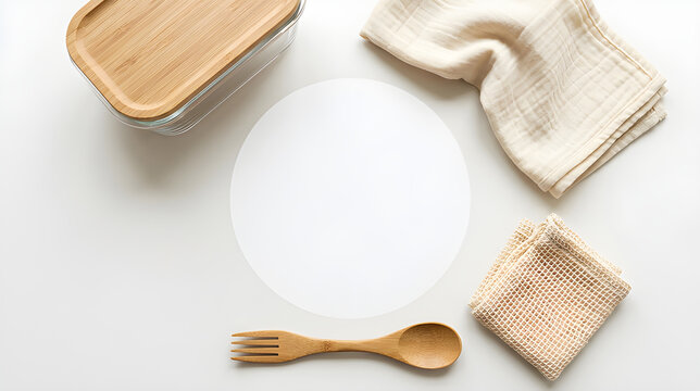 Zero waste kitchen flat lay with bamboo lunch box and wooden cutlery on white background