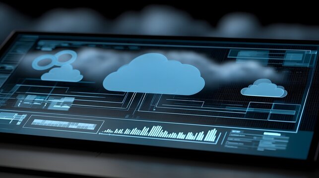 Digital interface displaying cloud computing icons and data visualization elements on a sleek screen with blue lighting