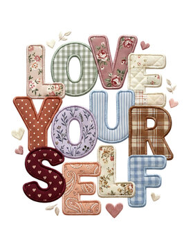 Love Yourself Inspirational Typography with Colorful Patterned Letters, Floral Elements and Positive Vintage Decorative Style