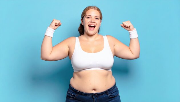 Overweight woman on light blue background, weight loss concept