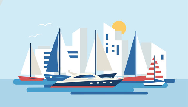 Flat vector illustration of various sailboats and a luxury yacht cruising in front of a modern city skyline.