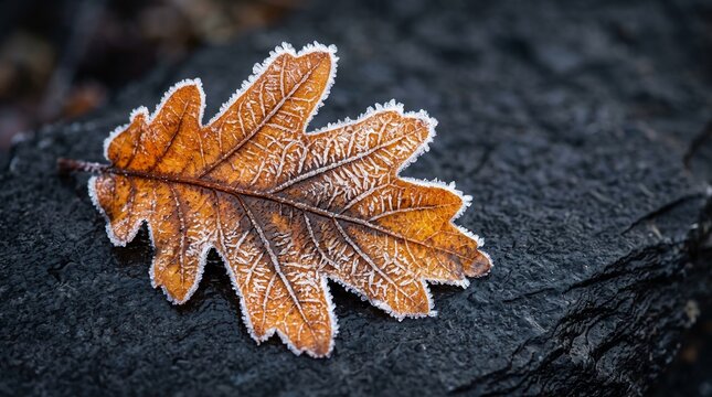 Extreme macro of a vibrant orange oak leaf collecting white frost crystals