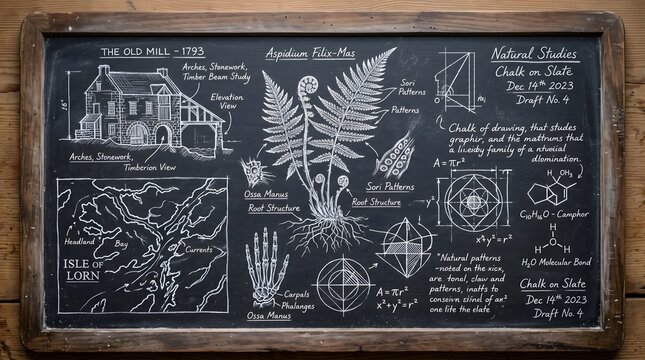Detailed educational blackboard illustration featuring complex botanical fern sketches, architectural mill diagrams, skeletal anatomy drawings and various mathematical geometric formulas
